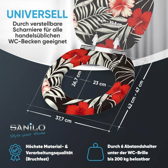 Sanilo WC Sitz mit Absenkautomatik, viele neue Toilettendeckel zur Auswahl, hochwertige Oberfläche, einfache Montage, stabile Scharniere (Hibisca)