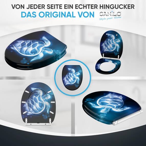 Sanilo WC Sitz mit Absenkautomatik & Schnellverschluss, Toilettendeckel per Knopfdruck abnehmbar, einfache Montage von oben (Glow Turtle)