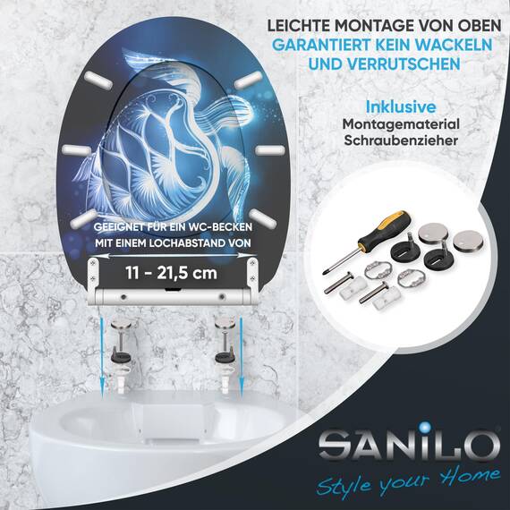 Sanilo WC Sitz mit Absenkautomatik & Schnellverschluss, Toilettendeckel per Knopfdruck abnehmbar, einfache Montage von oben (Glow Turtle)