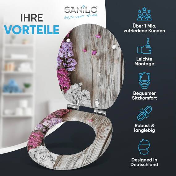 Sanilo WC Sitz mit Absenkautomatik, viele neue Toilettendeckel zur Auswahl, hochwertige Oberfläche, einfache Montage, stabile Scharniere (Flieder)