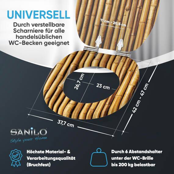 Sanilo WC Sitz mit Absenkautomatik, viele neue Toilettendeckel zur Auswahl, hochwertige Oberfläche, einfache Montage, stabile Scharniere (Bambusa)