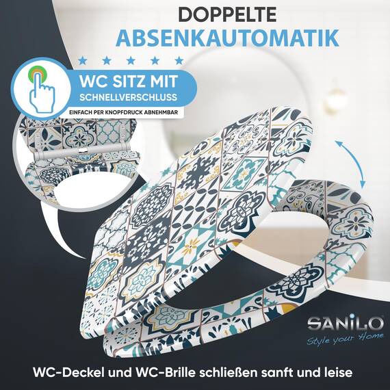 Sanilo WC Sitz mit Absenkautomatik & Schnellverschluss, Toilettendeckel per Knopfdruck abnehmbar, einfache Montage von oben (Palazzo)
