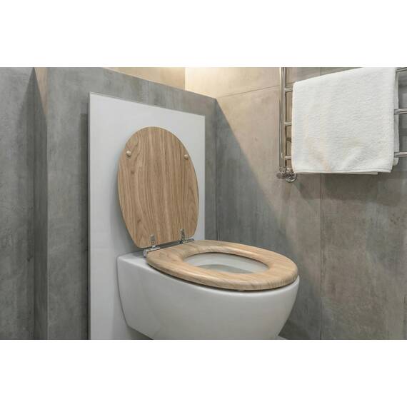 SINOBATH WC-Sitz mit Absenkautomatik, O-Form aus Stabilem MDF, Toilettendeckel mit Edelstahlscharnieren, Soft-Close & Geräuschlos, Holz-Optik