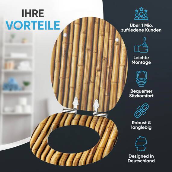 Sanilo WC Sitz mit Absenkautomatik, viele neue Toilettendeckel zur Auswahl, hochwertige Oberfläche, einfache Montage, stabile Scharniere (Bambusa)