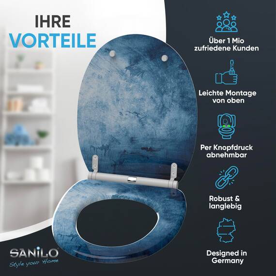 Sanilo WC Sitz mit Absenkautomatik & Schnellverschluss, Toilettendeckel per Knopfdruck abnehmbar, einfache Montage von oben Solium)