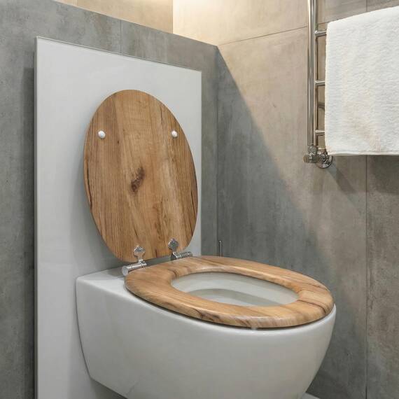 SINOBATH WC-Sitz mit Absenkautomatik, O-Form aus Stabilem MDF, Toilettendeckel mit Edelstahlscharnieren, Soft-Close & Geräuschlos, Holz-Optik