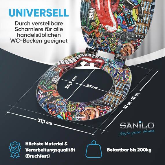 Sanilo WC Sitz mit Absenkautomatik, viele neue Toilettendeckel zur Auswahl, hochwertige Oberfläche, einfache Montage, stabile Scharniere (Graffiti)