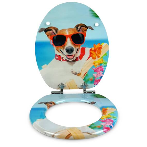 SANFINO® Premium WC Sitz mit Absenkautomatik – hochwertige Toilettendeckel aus Holz, viele bunte Motive, hoher Sitzkomfort, einfache Montage inklusive Montageanleitung – "Sunny Dog"