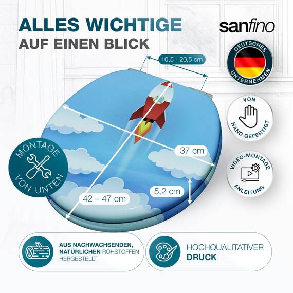 SANFINO® Premium WC Sitz mit Absenkautomatik – hochwertige Toilettendeckel aus Holz, viele bunte Motive, hoher Sitzkomfort, einfache Montage inklusive Montageanleitung – "Rocket"