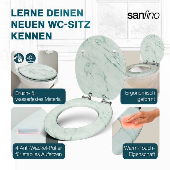 SANFINO® Premium WC Sitz mit Absenkautomatik – hochwertige Toilettendeckel aus Holz, viele bunte Motive, hoher Sitzkomfort, einfache Montage inklusive Montageanleitung – "Marmor"