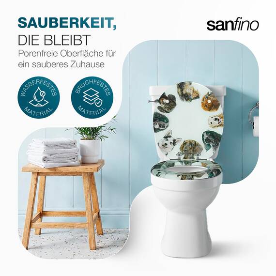 SANFINO® Premium WC Sitz mit Absenkautomatik – hochwertige Toilettendeckel aus Holz, viele bunte Motive, hoher Sitzkomfort, einfache Montage inklusive Montageanleitung – "Dog Circle"