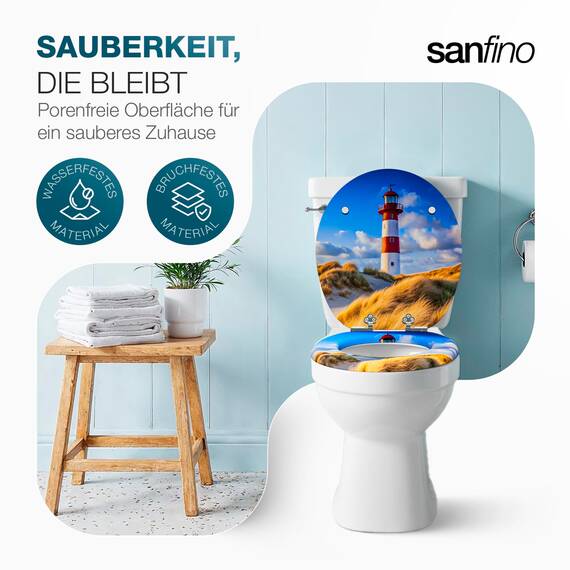SANFINO® Premium WC Sitz mit Absenkautomatik – hochwertige Toilettendeckel aus Holz, viele bunte Motive, hoher Sitzkomfort, einfache Montage inklusive Montageanleitung – "Lighthouse"