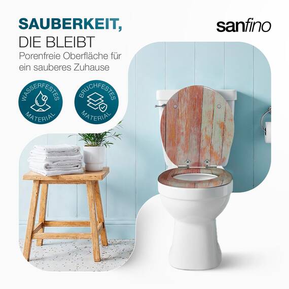 SANFINO® Premium WC Sitz mit Absenkautomatik – hochwertige Toilettendeckel aus Holz, viele bunte Motive, hoher Sitzkomfort, einfache Montage inklusive Montageanleitung – "Blue Wood"