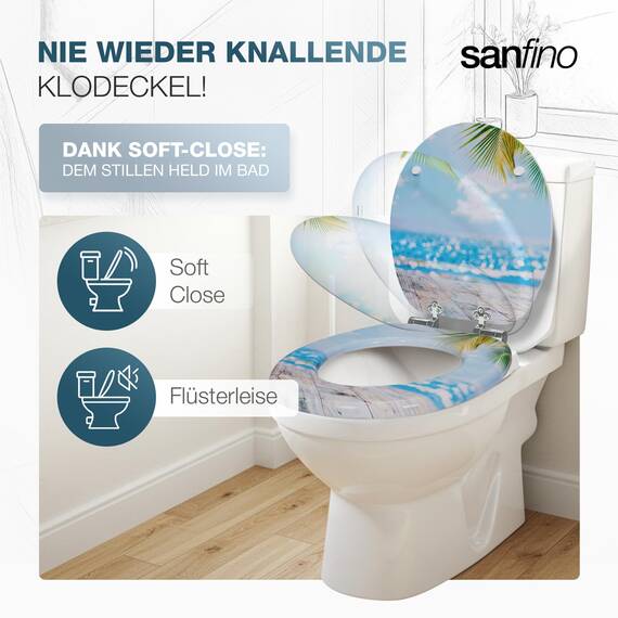 SANFINO® Premium WC Sitz mit Absenkautomatik – hochwertige Toilettendeckel aus Holz, viele bunte Motive, hoher Sitzkomfort, einfache Montage inklusive Montageanleitung – "Beach"