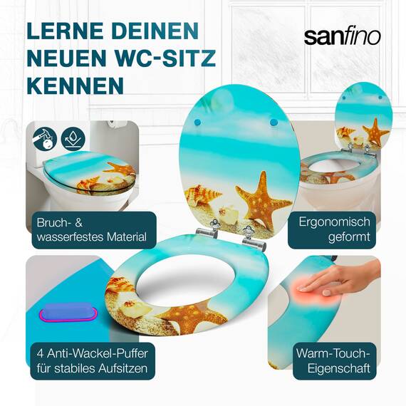 SANFINO® Premium WC Sitz mit Absenkautomatik – hochwertige Toilettendeckel aus Holz, viele bunte Motive, hoher Sitzkomfort, einfache Montage inklusive Montageanleitung – "Seastar Beach"