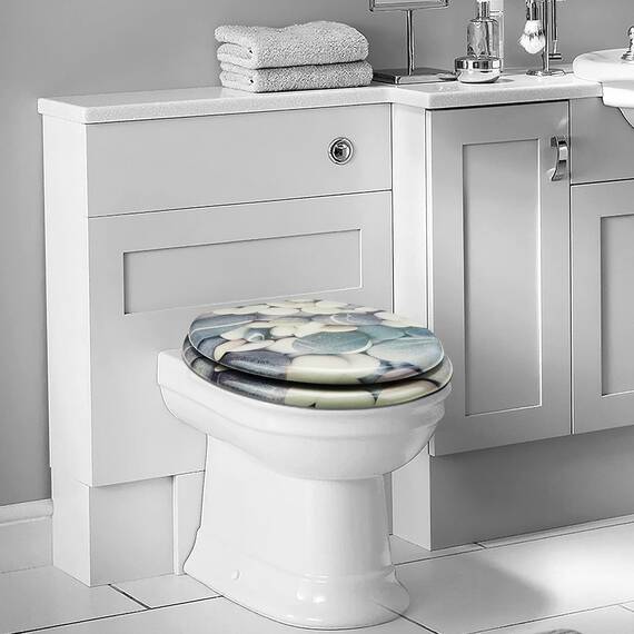 SANFINO® Premium WC Sitz mit Absenkautomatik – hochwertige Toilettendeckel aus Holz, viele bunte Motive, hoher Sitzkomfort, einfache Montage inklusive Montageanleitung – "Stones"
