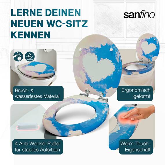 SANFINO® Premium WC Sitz mit Absenkautomatik – hochwertige Toilettendeckel aus Holz, viele bunte Motive, hoher Sitzkomfort, einfache Montage inklusive Montageanleitung – "Cloud Heart"
