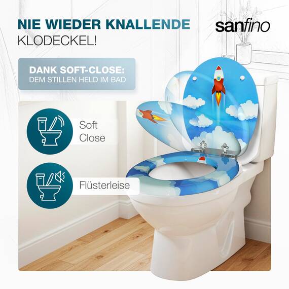 SANFINO® Premium WC Sitz mit Absenkautomatik – hochwertige Toilettendeckel aus Holz, viele bunte Motive, hoher Sitzkomfort, einfache Montage inklusive Montageanleitung – "Rocket"