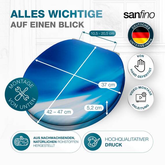 SANFINO® Premium WC Sitz mit Absenkautomatik – hochwertige Toilettendeckel aus Holz, viele bunte Motive, hoher Sitzkomfort, einfache Montage inklusive Montageanleitung – "Wave"