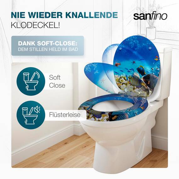 SANFINO® Premium WC Sitz mit Absenkautomatik – hochwertige Toilettendeckel aus Holz, viele bunte Motive, hoher Sitzkomfort, einfache Montage inklusive Montageanleitung – "Coral Reef"