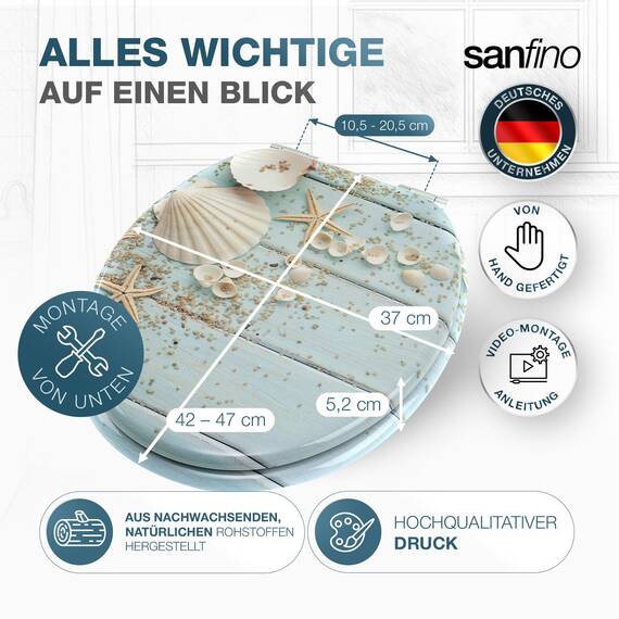 SANFINO® Premium WC Sitz mit Absenkautomatik – hochwertige Toilettendeckel aus Holz, viele bunte Motive, hoher Sitzkomfort, einfache Montage inklusive Montageanleitung – "Caribbean Blue"
