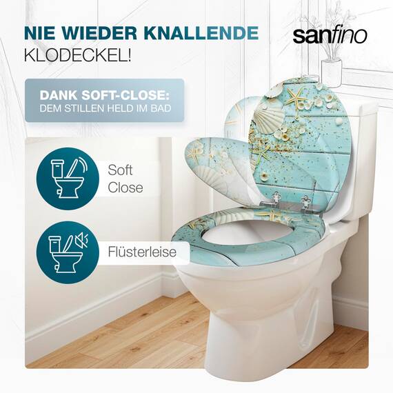 SANFINO® Premium WC Sitz mit Absenkautomatik – hochwertige Toilettendeckel aus Holz, viele bunte Motive, hoher Sitzkomfort, einfache Montage inklusive Montageanleitung – "Caribbean Blue"