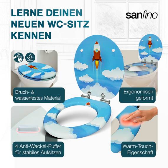 SANFINO® Premium WC Sitz mit Absenkautomatik – hochwertige Toilettendeckel aus Holz, viele bunte Motive, hoher Sitzkomfort, einfache Montage inklusive Montageanleitung – "Rocket"