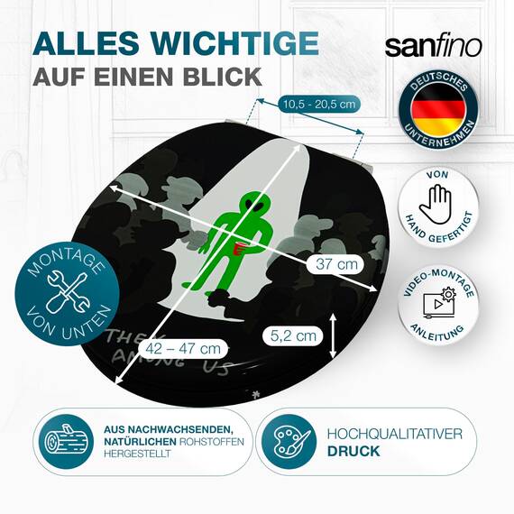 SANFINO® Premium WC Sitz mit Absenkautomatik – hochwertige Toilettendeckel aus Holz, viele bunte Motive, hoher Sitzkomfort, einfache Montage inklusive Montageanleitung – "Alien"
