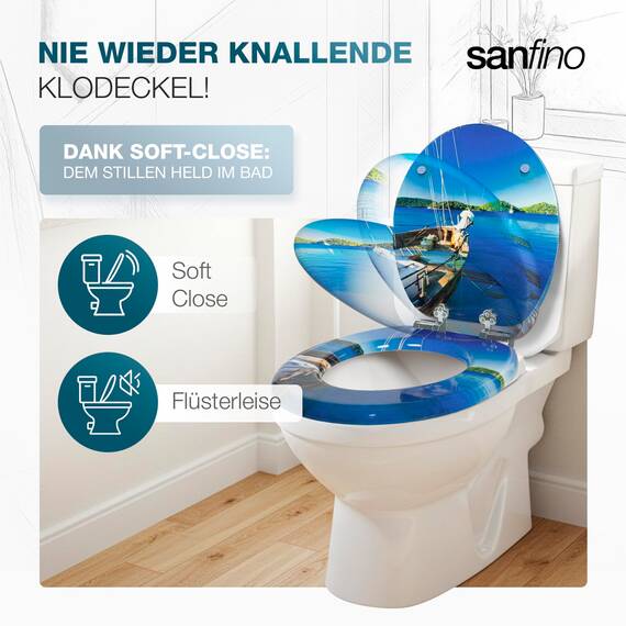SANFINO® Premium WC Sitz mit Absenkautomatik – hochwertige Toilettendeckel aus Holz, viele bunte Motive, hoher Sitzkomfort, einfache Montage inklusive Montageanleitung – "Boat"