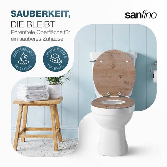 SANFINO® Premium WC Sitz mit Absenkautomatik – hochwertige Toilettendeckel aus Holz, viele bunte Motive, hoher Sitzkomfort, einfache Montage inklusive Montageanleitung – "Light Wood"