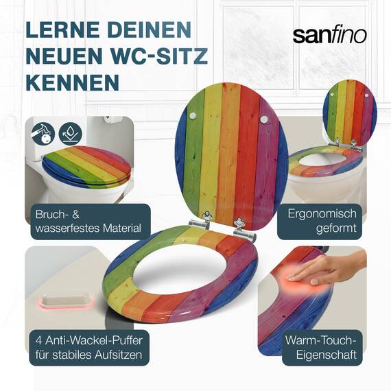 SANFINO® Premium WC Sitz mit Absenkautomatik – hochwertige Toilettendeckel aus Holz, viele bunte Motive, hoher Sitzkomfort, einfache Montage inklusive Montageanleitung – "Colorful"