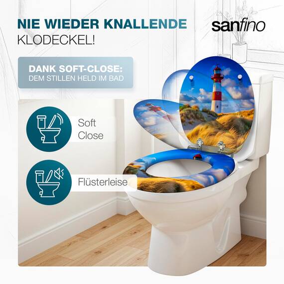 SANFINO® Premium WC Sitz mit Absenkautomatik – hochwertige Toilettendeckel aus Holz, viele bunte Motive, hoher Sitzkomfort, einfache Montage inklusive Montageanleitung – "Lighthouse"