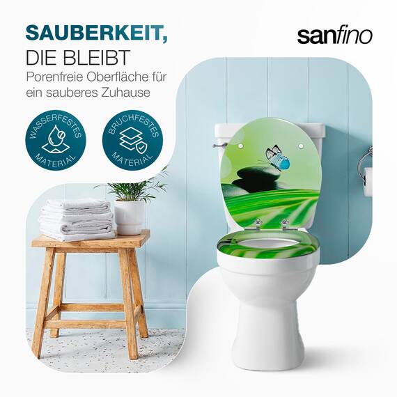 SANFINO® Premium WC Sitz mit Absenkautomatik – hochwertige Toilettendeckel aus Holz, viele bunte Motive, hoher Sitzkomfort, einfache Montage inklusive Montageanleitung – "Blue Butterfly"