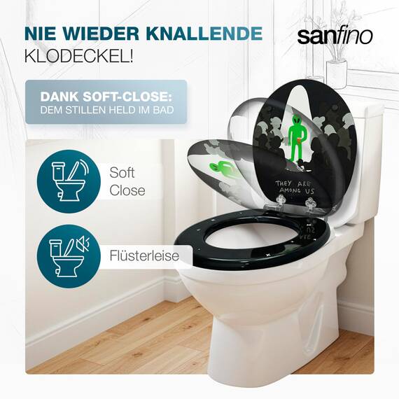 SANFINO® Premium WC Sitz mit Absenkautomatik – hochwertige Toilettendeckel aus Holz, viele bunte Motive, hoher Sitzkomfort, einfache Montage inklusive Montageanleitung – "Alien"