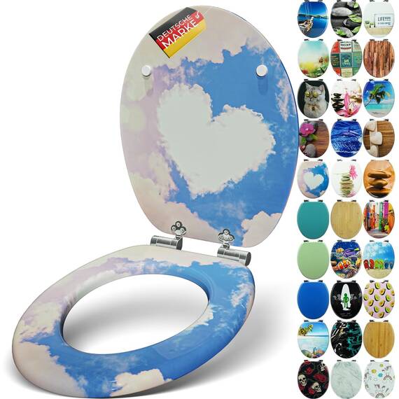 SANFINO® Premium WC Sitz mit Absenkautomatik – hochwertige Toilettendeckel aus Holz, viele bunte Motive, hoher Sitzkomfort, einfache Montage inklusive Montageanleitung – "Cloud Heart"