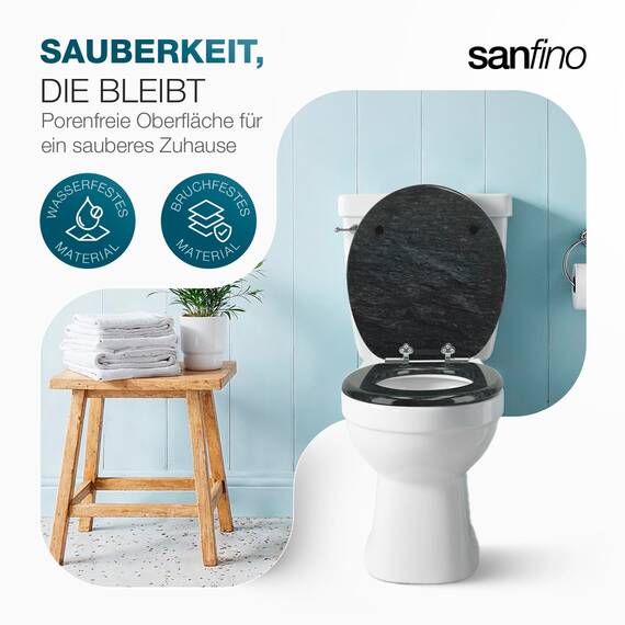 SANFINO® Premium WC Sitz mit Absenkautomatik – hochwertige Toilettendeckel aus Holz, viele bunte Motive, hoher Sitzkomfort, einfache Montage inklusive Montageanleitung – "Granit"