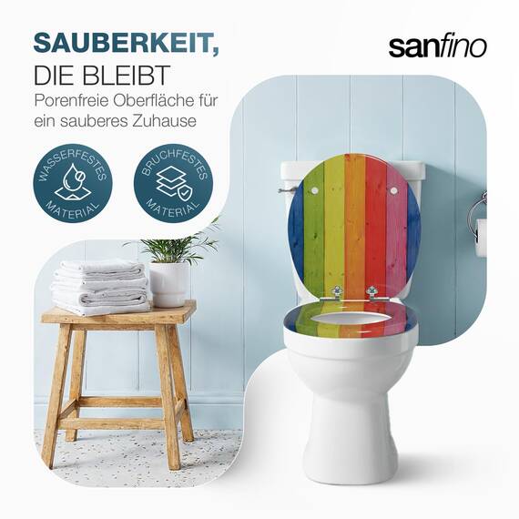 SANFINO® Premium WC Sitz mit Absenkautomatik – hochwertige Toilettendeckel aus Holz, viele bunte Motive, hoher Sitzkomfort, einfache Montage inklusive Montageanleitung – "Colorful"
