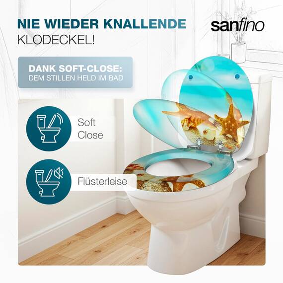 SANFINO® Premium WC Sitz mit Absenkautomatik – hochwertige Toilettendeckel aus Holz, viele bunte Motive, hoher Sitzkomfort, einfache Montage inklusive Montageanleitung – "Seastar Beach"