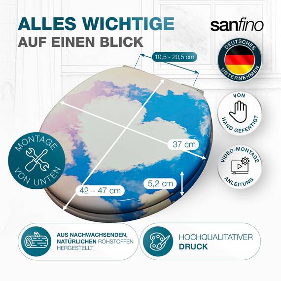 SANFINO® Premium WC Sitz mit Absenkautomatik – hochwertige Toilettendeckel aus Holz, viele bunte Motive, hoher Sitzkomfort, einfache Montage inklusive Montageanleitung – "Cloud Heart"