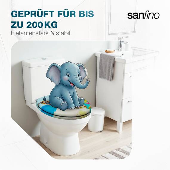 SANFINO® Premium WC Sitz mit Absenkautomatik – hochwertige Toilettendeckel aus Holz, viele bunte Motive, hoher Sitzkomfort, einfache Montage inklusive Montageanleitung – "Sunny Dog"