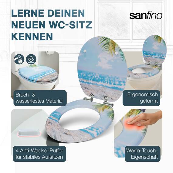 SANFINO® Premium WC Sitz mit Absenkautomatik – hochwertige Toilettendeckel aus Holz, viele bunte Motive, hoher Sitzkomfort, einfache Montage inklusive Montageanleitung – "Beach"
