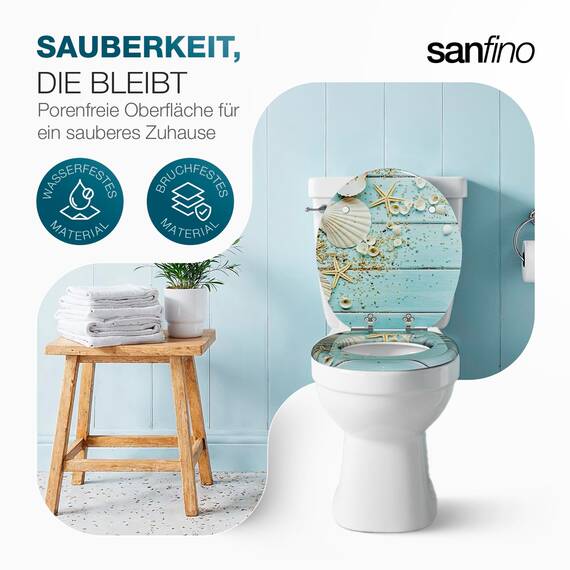 SANFINO® Premium WC Sitz mit Absenkautomatik – hochwertige Toilettendeckel aus Holz, viele bunte Motive, hoher Sitzkomfort, einfache Montage inklusive Montageanleitung – "Caribbean Blue"