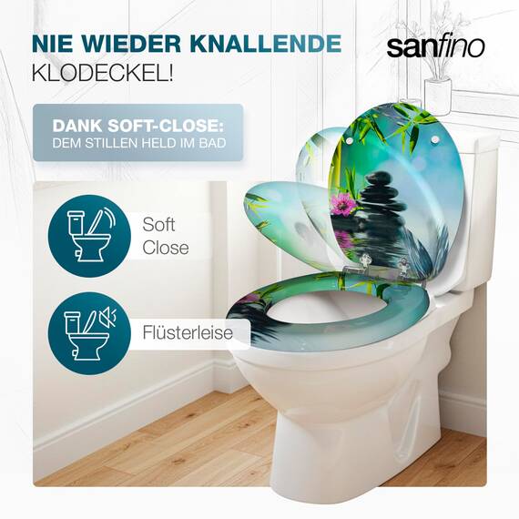 SANFINO® Premium WC Sitz mit Absenkautomatik – hochwertige Toilettendeckel aus Holz, viele bunte Motive, hoher Sitzkomfort, einfache Montage inklusive Montageanleitung – "Asia II"