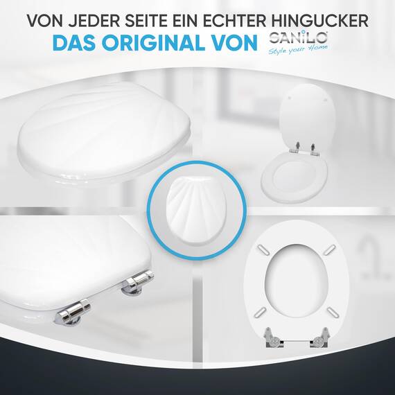 Sanilo WC Sitz mit Absenkautomatik, viele neue Toilettendeckel zur Auswahl, hochwertige Oberfläche, einfache Montage, stabile Scharniere (Muschel Weiß)