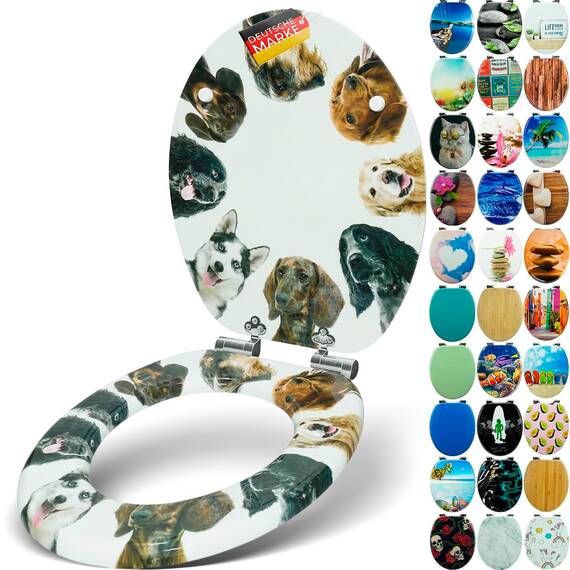 SANFINO® Premium WC Sitz mit Absenkautomatik – hochwertige Toilettendeckel aus Holz, viele bunte Motive, hoher Sitzkomfort, einfache Montage inklusive Montageanleitung – "Dog Circle"