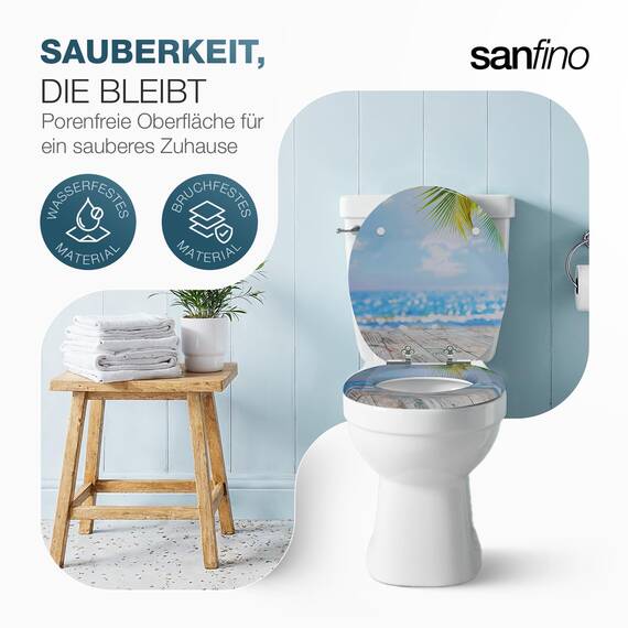 SANFINO® Premium WC Sitz mit Absenkautomatik – hochwertige Toilettendeckel aus Holz, viele bunte Motive, hoher Sitzkomfort, einfache Montage inklusive Montageanleitung – "Beach"