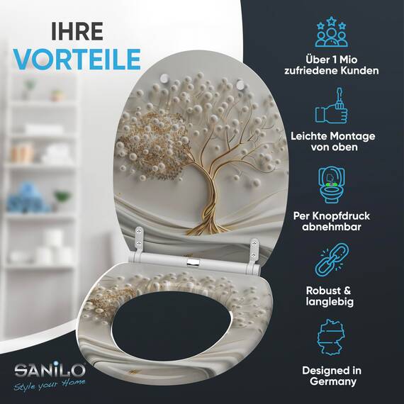 Sanilo WC Sitz mit Absenkautomatik & Schnellverschluss, Toilettendeckel per Knopfdruck abnehmbar, einfache Montage von oben (Tree of Life)