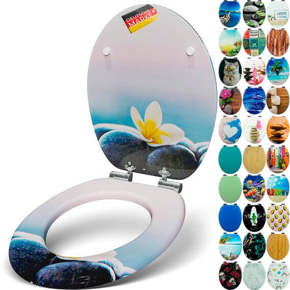 SANFINO® Premium WC Sitz mit Absenkautomatik – hochwertige Toilettendeckel aus Holz, viele bunte Motive, hoher Sitzkomfort, einfache Montage inklusive Montageanleitung – "Flower & Stones"