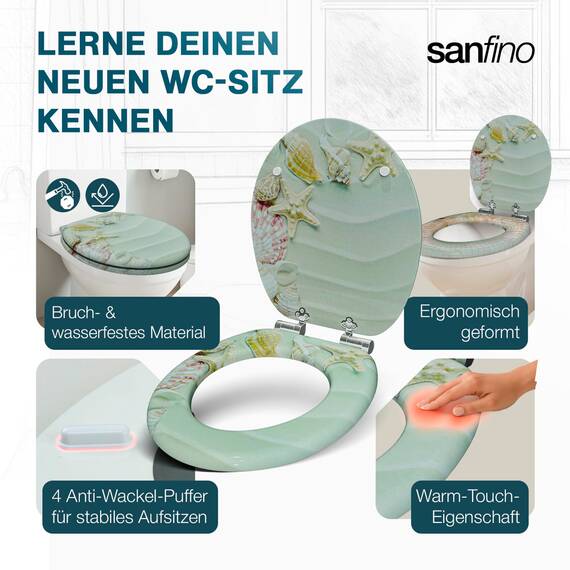 SANFINO® Premium WC Sitz mit Absenkautomatik – hochwertige Toilettendeckel aus Holz, viele bunte Motive, hoher Sitzkomfort, einfache Montage inklusive Montageanleitung – "Beach Star"