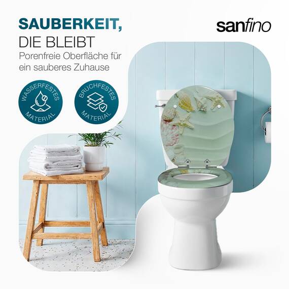 SANFINO® Premium WC Sitz mit Absenkautomatik – hochwertige Toilettendeckel aus Holz, viele bunte Motive, hoher Sitzkomfort, einfache Montage inklusive Montageanleitung – "Beach Star"